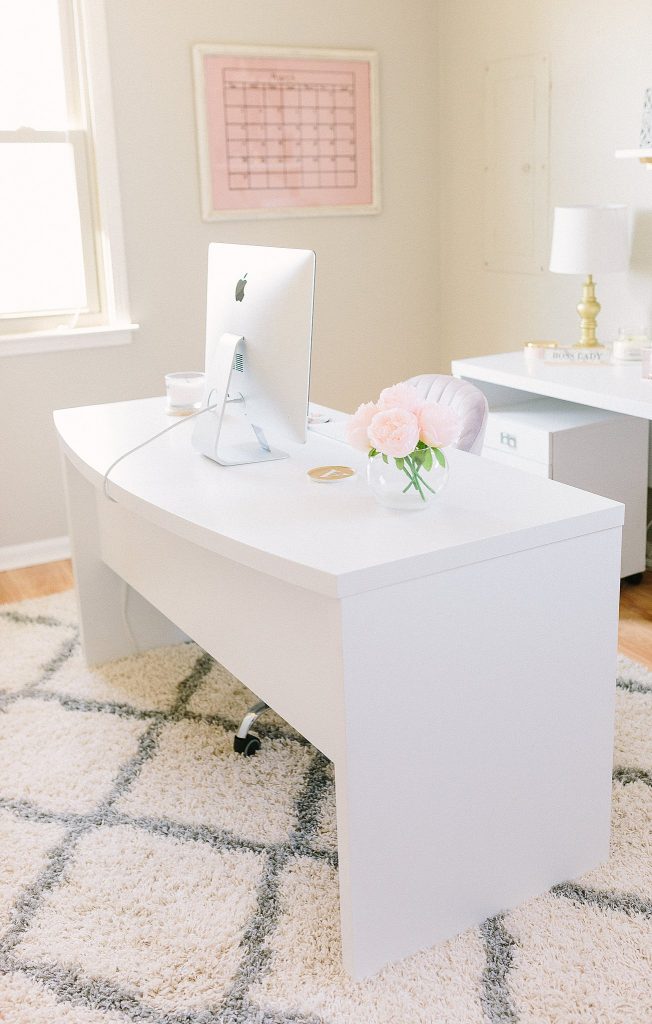 White and Blush Office Space white and grey rug